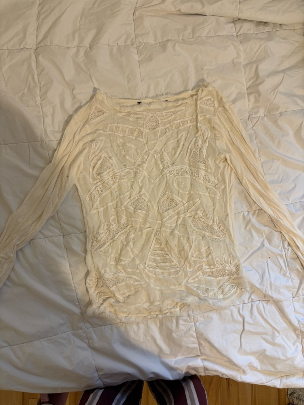 Women's Cream Whimsical Beaded Long-Sleeve Top